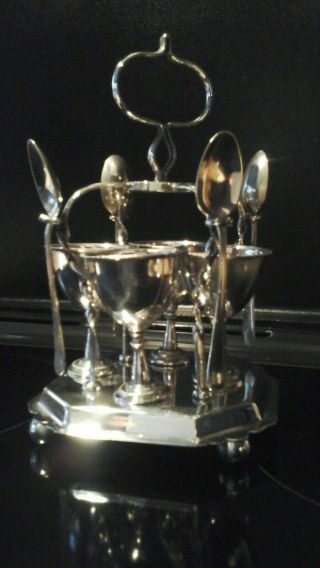 Antique/vintage Silver Plate 4 Egg Cruet Cup Holder Breakfast Set