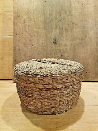 Antique Sweetgrass Sewing Basket With Cover Lid Braided Woven Handle