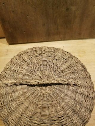 ANTIQUE SWEETGRASS SEWING BASKET WITH COVER LID BRAIDED WOVEN HANDLE 5