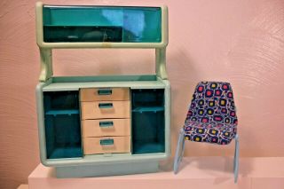 Barbie Vintage Dream House Kitchen Hutch And Chair Blue