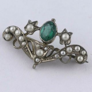 Antique Victorian Sterling Silver Seed Pearl Emerald Paste Brooch Pin Pendant