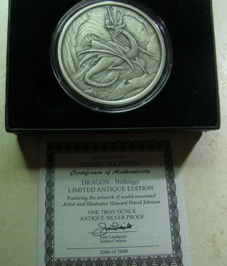 Nordic Creatures - 4 Coin Set - 1oz.  999 Antique Silver Proof W/orig.  Pkg/coas
