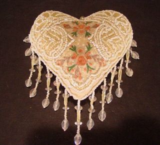 Antique Victorian Heart Shaped Beaded Pin Cushion