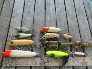 10 Vintage Fishing Lures - Wood South Bend Bass - Oreno Al Foss & Unknown Makers