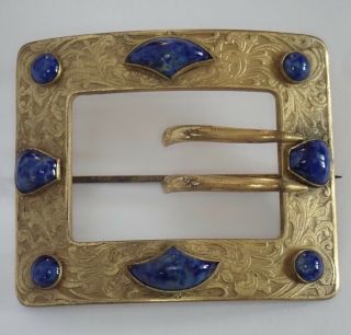 Antique Victorian Art Nouveau Gold Gilt Lapis Blue Art Glass Buckle Sash Brooch