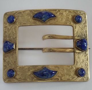 ANTIQUE VICTORIAN ART NOUVEAU GOLD GILT LAPIS BLUE ART GLASS BUCKLE SASH BROOCH 3