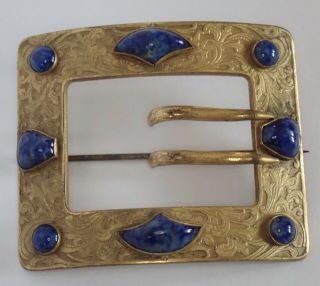 ANTIQUE VICTORIAN ART NOUVEAU GOLD GILT LAPIS BLUE ART GLASS BUCKLE SASH BROOCH 6