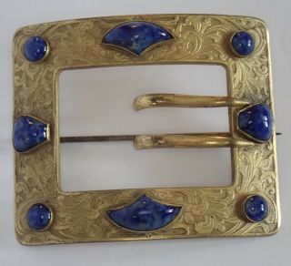 ANTIQUE VICTORIAN ART NOUVEAU GOLD GILT LAPIS BLUE ART GLASS BUCKLE SASH BROOCH 8