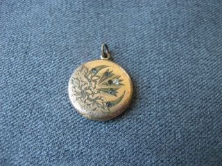 Antique Crystals Engraved Crescent Moon & Flowers Gold Filled Locket Pendant Fob