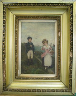 Antique Victorian Oil Painting " 2 Girls By The Seaside "