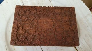 Vintage Hand carved Wooden Indian Jewelry Trinket Box India Wood Art Floral 2
