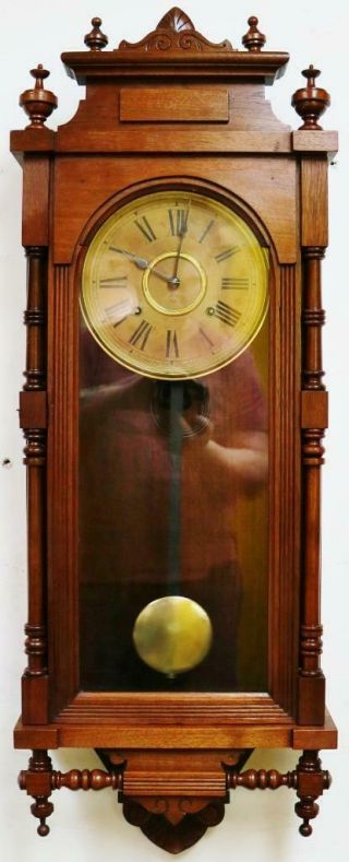 Antique Ansonia Carved Wall Clock 8 Day Striking Mahogany Regulator Wall Clock
