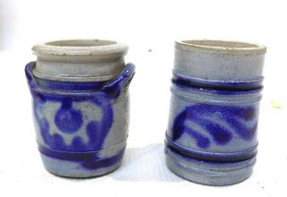 Antique/vintage Miniature Crock Stoneware Canisters Cobalt Blue Salt Glaze (?)
