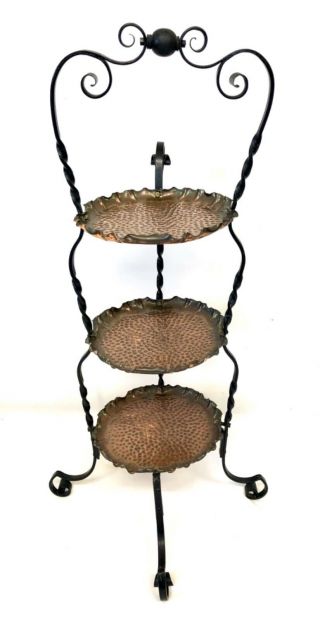 Antique Arts & Crafts / Art Nouveau Wrought Iron & Copper Three Tier Cake Stand