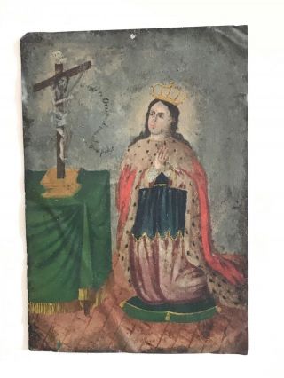 Antique retablo Mexico spanish colonial art folk art oil on tin 11