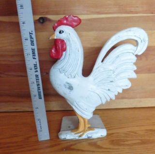 Vtg White Rooster 9.  5 " Door Stop Fan Tail Red Comb Cast Iron Antique Yellow Feet