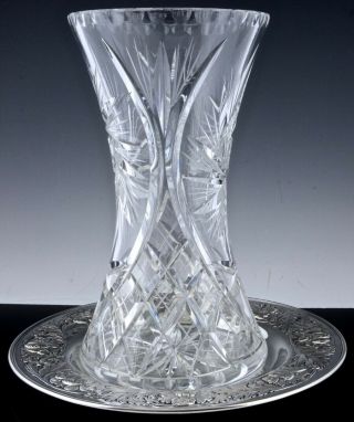 BEAUTFUL LARGE VINTAGE CUT CRYSTAL GLASS VASE w REPOUSSE SILVER PLATE UNDER TRAY 2
