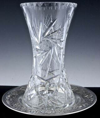 BEAUTFUL LARGE VINTAGE CUT CRYSTAL GLASS VASE w REPOUSSE SILVER PLATE UNDER TRAY 3