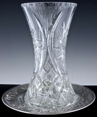 BEAUTFUL LARGE VINTAGE CUT CRYSTAL GLASS VASE w REPOUSSE SILVER PLATE UNDER TRAY 4