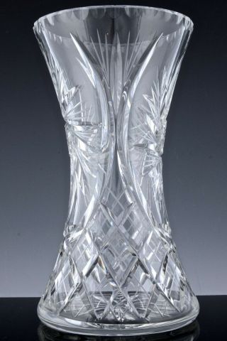 BEAUTFUL LARGE VINTAGE CUT CRYSTAL GLASS VASE w REPOUSSE SILVER PLATE UNDER TRAY 6