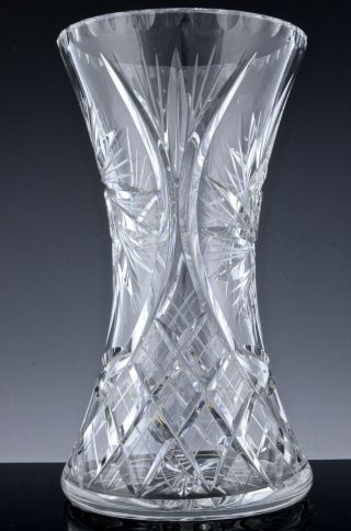 BEAUTFUL LARGE VINTAGE CUT CRYSTAL GLASS VASE w REPOUSSE SILVER PLATE UNDER TRAY 8