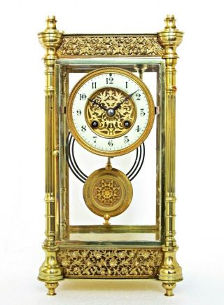 Lge Antique French Four Glass Striking Mantel Clock Gilt Filigree,  Serviced,  13 "