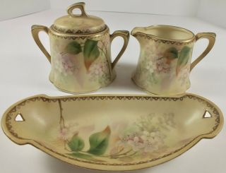 Antique Rs Germany Porcelain Sugar Bowl,  Creamer,  Relish Tray W/ Lilac Blossoms