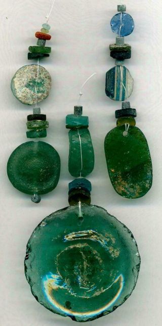 Roman Ancient Glass Beads 3 Pendants Disks Ovals Squares Patina & Encrustations