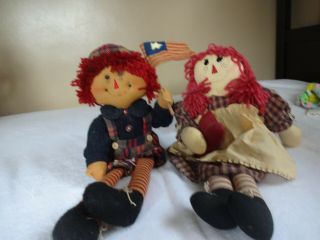 Vintage Raggedy Ann And Andy Soft Rag Sitting Dolls Patriotic