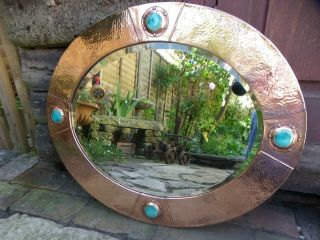 Arts And Crafts Antique Copper Bevel Mirror Four Blue Ruskin Roundels