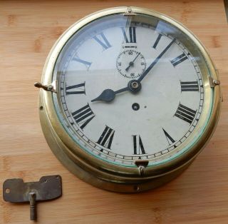 W.  Elliott Ltd Brass Ships Clock Enamelled Face And Sub - Seconds Dial,  Key