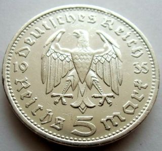 (941) Antique Wwii German 3rd Reich 1935 G 5 Reichsmark Silver Coin