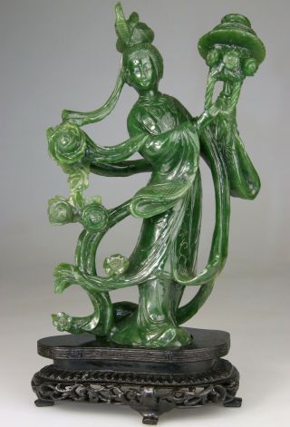 Antique Large Chinese Spinach Green Jade Figure Kwanyin Lady Carved - Qing 19th
