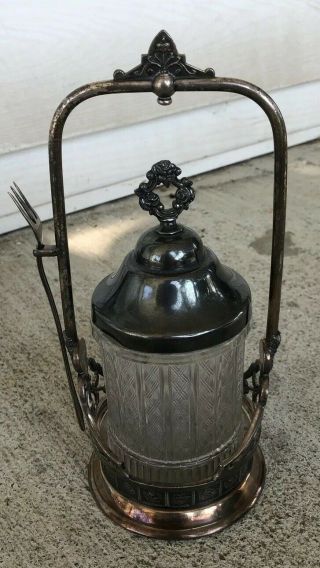 Antique Pickle Caster Eapg Awesome Glass Pattern Jar Reed & Barton With Fork