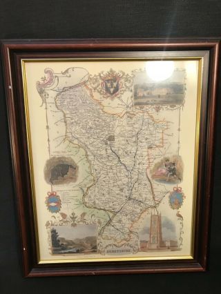 Large Vintage Framed County Map Of Derbyshire