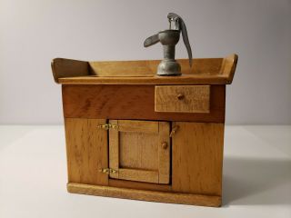 Miniature Artisan Signed John Adams Colonial Dry Sink With Water Pump