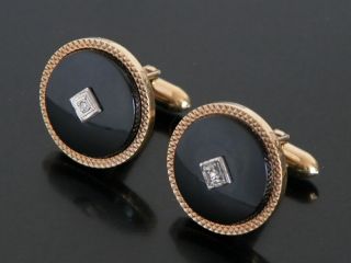 Vtg Lamode Cufflinks Gold Tone Jeweled Black Onyx,  Matching Tie Pin