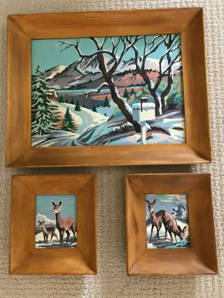 Set Of 3 Vintage Paint - By - Numbers Completed Framed Mountain Snow Scene 19x15 Pbn