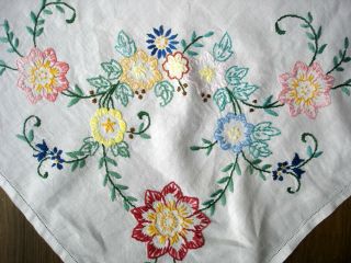 Vintage Hand Embroidered Garden Flowers Large White Linen Tablecloth