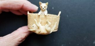 Antique Bone Oval Basket With Cat And Dog Figures Playing Circa 1890,  S