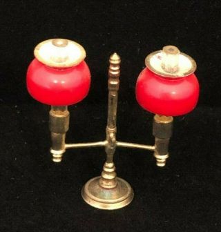 Vintage Dollhouse Victorian Style Cast Iron Double Lamp W/ Red Shades
