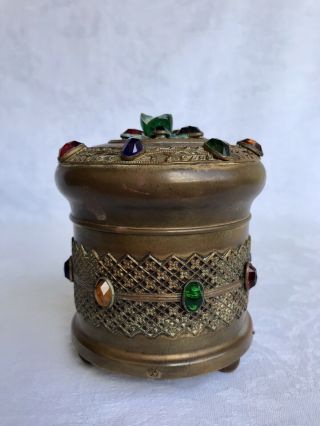 Vintage Gold Jeweled Music Powder Box Filagree Brass Trinket Vanity