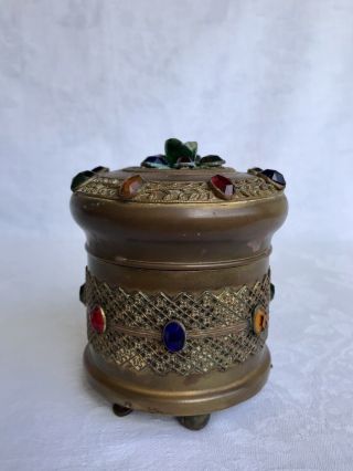 Vintage Gold Jeweled Music Powder Box Filagree Brass Trinket Vanity 6