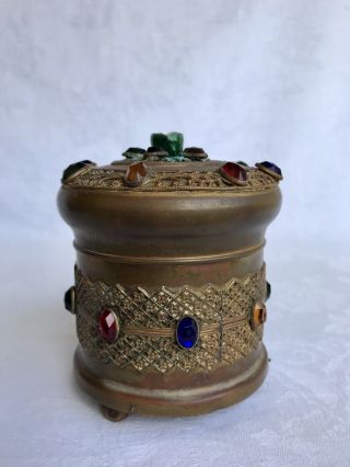 Vintage Gold Jeweled Music Powder Box Filagree Brass Trinket Vanity 7