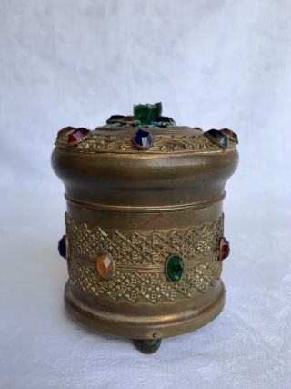 Vintage Gold Jeweled Music Powder Box Filagree Brass Trinket Vanity 8