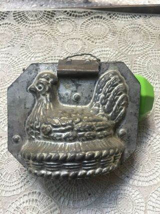 Vintage Antique Chocolate Candy Mold Hen In Basket