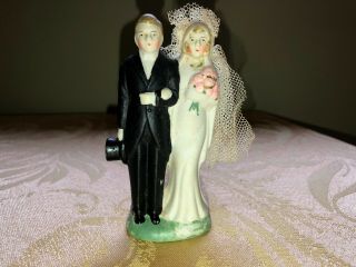 Wedding Vintage Bride Groom Cake Topper Chalkware Ceramic Figurine Lace Floral