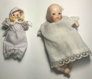 Vintage Miniature Porcelain Bisque Jointed Baby Dolls Gown Bonnet