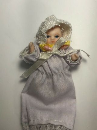 Vintage Miniature Porcelain Bisque Jointed Baby Dolls Gown Bonnet 2