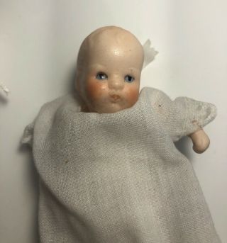 Vintage Miniature Porcelain Bisque Jointed Baby Dolls Gown Bonnet 3